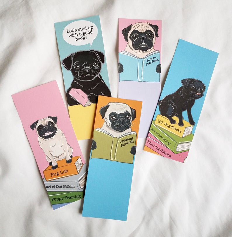 Bookworm-Pug-Bookmarks-Eco-friendly-Set-of-5-on-Recycled-Linen-Paper