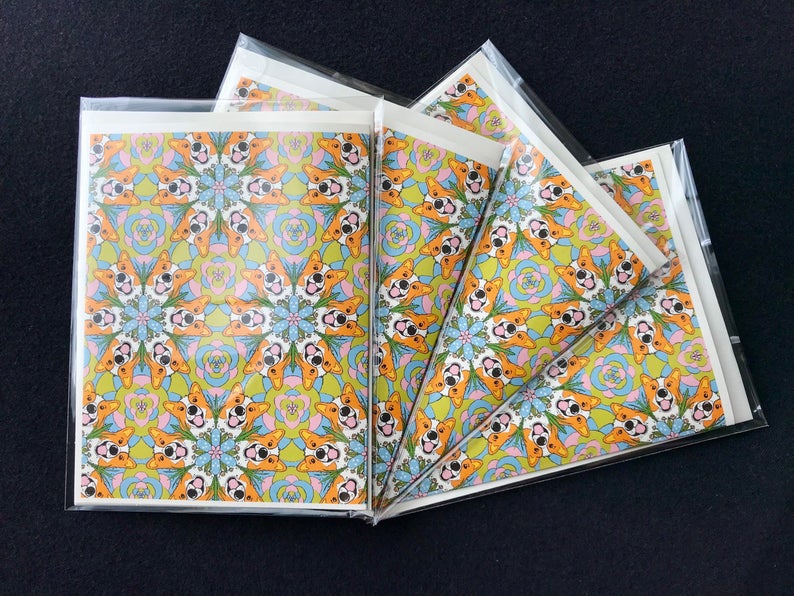 Corgi-Kaleidoscope-Blank-Greeting-Card-Psychedelic-Dog-Note-Card-Any-Occasion-Retro-Floral-Corgi-Stationery-Set-or-Single-Card