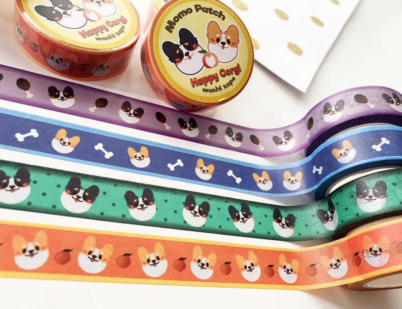 Happy-Corgi-Peach-Green-Blue-and-or-Purple-Washi-Stationary-Tape