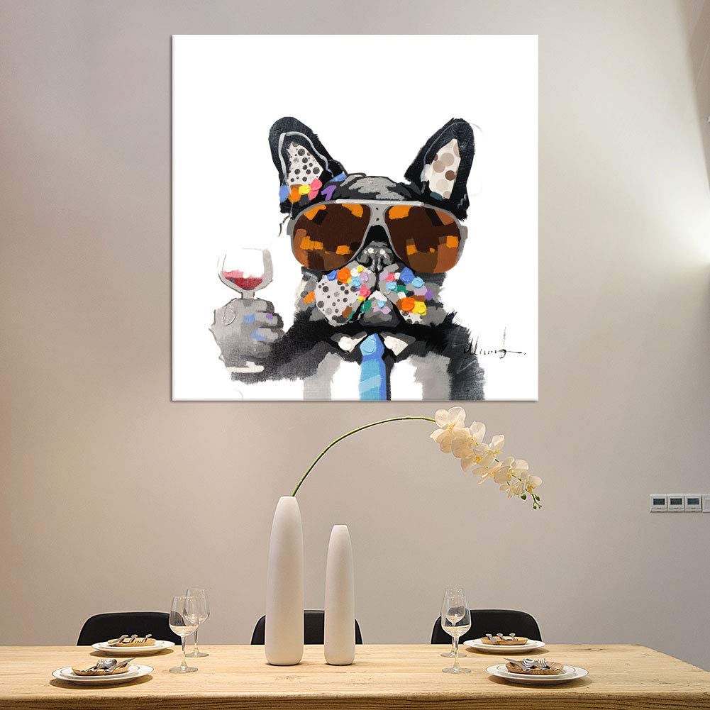 Bignut-Wall-Art-100%-Hand-Painted-Cool-Bulldog-Holding-Wine-Glass-Modern-Funny-Animal-Dog-Oil-Painting-Canvas-Framed-Decor-For-Home-and-Office-Space-24x24-inch