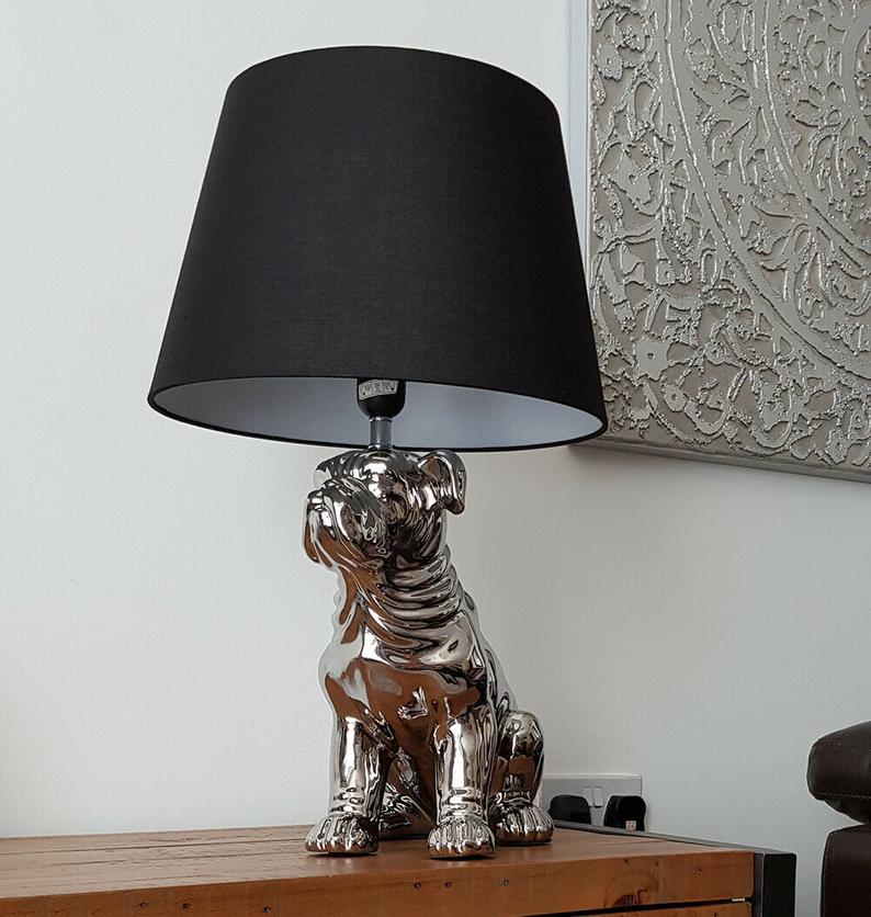Handmade-Sitting-Bulldog-Puppy-Dog-Table-Lamp-Metallic-Silver-Design-Modern-with-Black-Shade