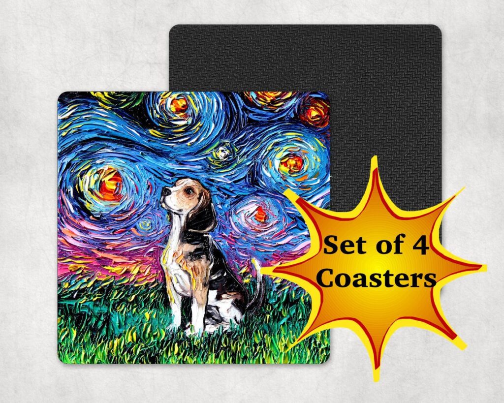 Coasters - Set of 4 Square Beagle Starry Night Dog 4x4 inch anti-skid Neoprene rubber back and fabric top Art by Aja Pet Home Decor